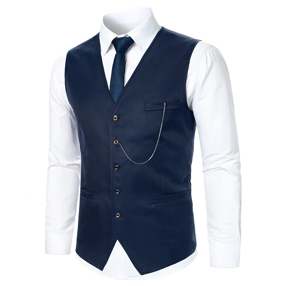 Men Suit Vest Coat Solid Color Metal Chain Decoration Classic Leisure Business Fashion Slim Fit Men Suit 250310