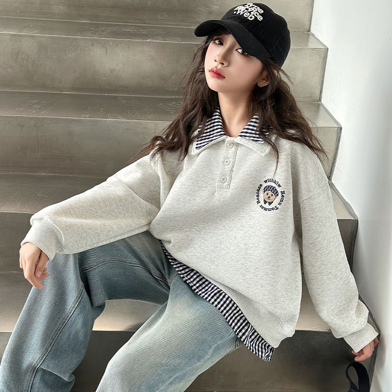Ddmyshoesvip Women Treasure Korean Version Loose Collared Sweatshirt Mid Size Children Spring And Autumn New Style Color Fashion Western Style Long Sl
