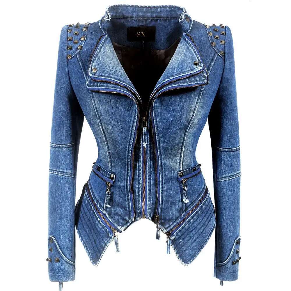 Women Spring Autumn Denim Rivet Punk Short Slim Fit Jacket Motorcycle Windbreaker Zipper Outerwear