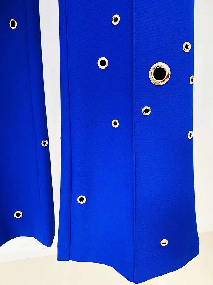 HIGH STREET 2024 FW Designer Fashion Runway Suit Stylish Rivet Metal Holes Slim Fit Blazer Flare Pants 2Pcs Set