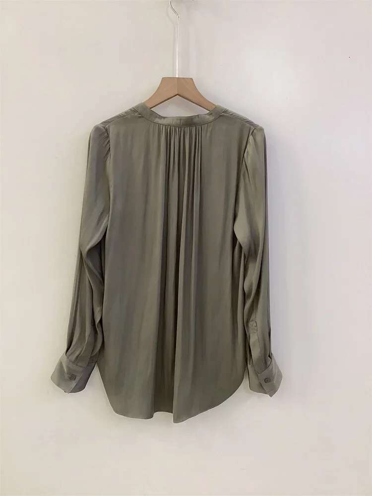 Women Shirt Pleated Irregular Design Style Solid Color V-Neck Simple 2024 Spring Summer Long Sleeve Blouse Top For Female