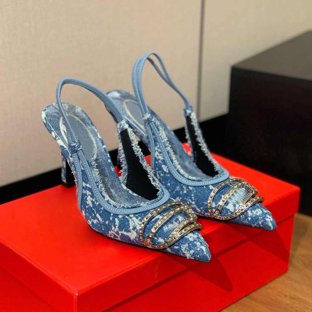 glitter flake Metallic Buckle decoration Slingbacks pumps Pointed Toes Stiletto Heel Sandals Women Luxury Designer Patchwork Denim shoes Office Party shoes 8.5cm