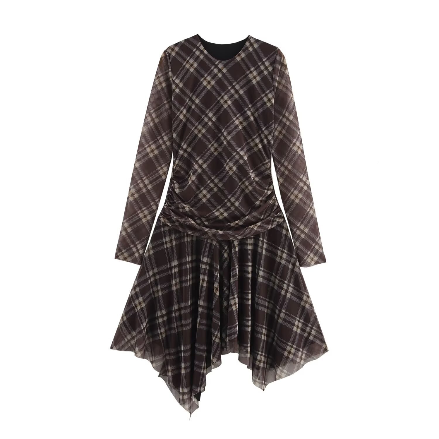 2025 Spring New Product Style Fashion Versatile Checkered Folded Silk Mesh Dress Irregular Long Sleeve Short Skirt For Women