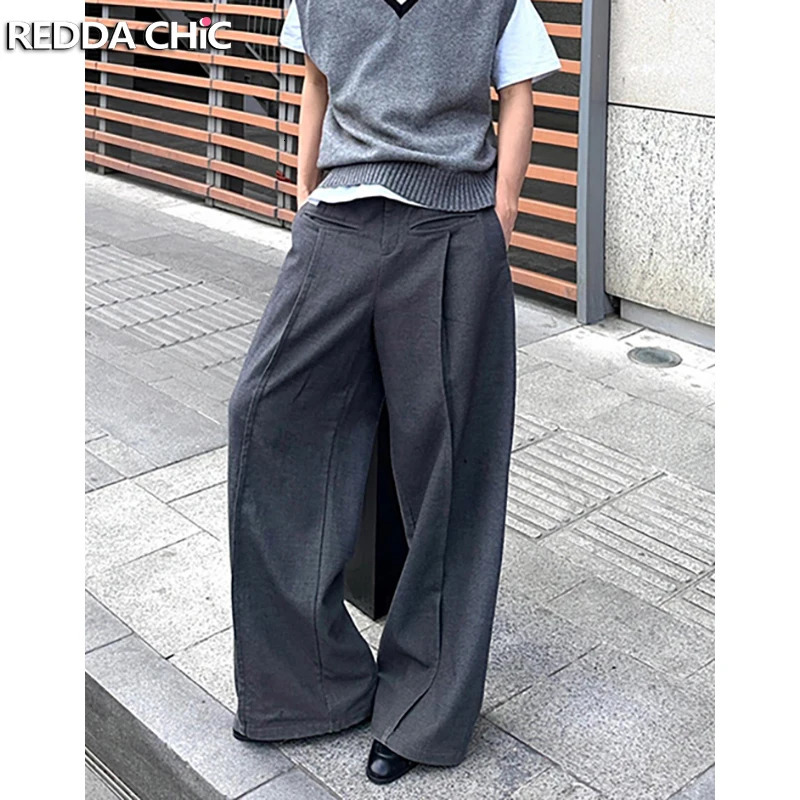 Reddachic mens pleated front gray suit pants high waist casual solid plain weave wide leg straight office womens formal clothing 250313
