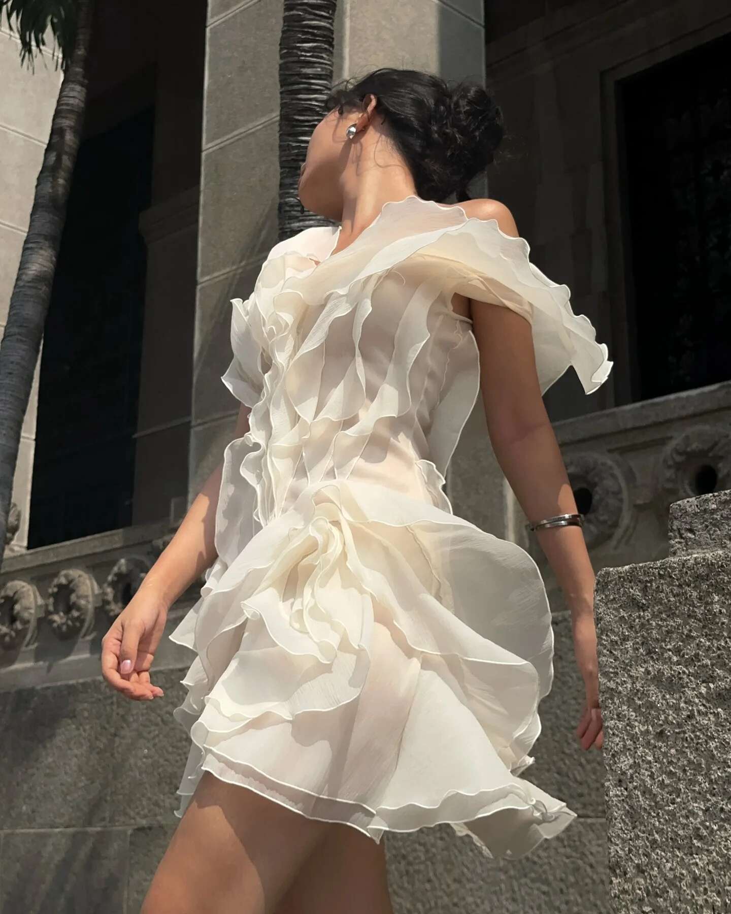 VGH Sweet Ruffles Off Theshoulder Party Dresses For Women Slash Neck Sleeve Backless High Waist Slim Short Dress Female