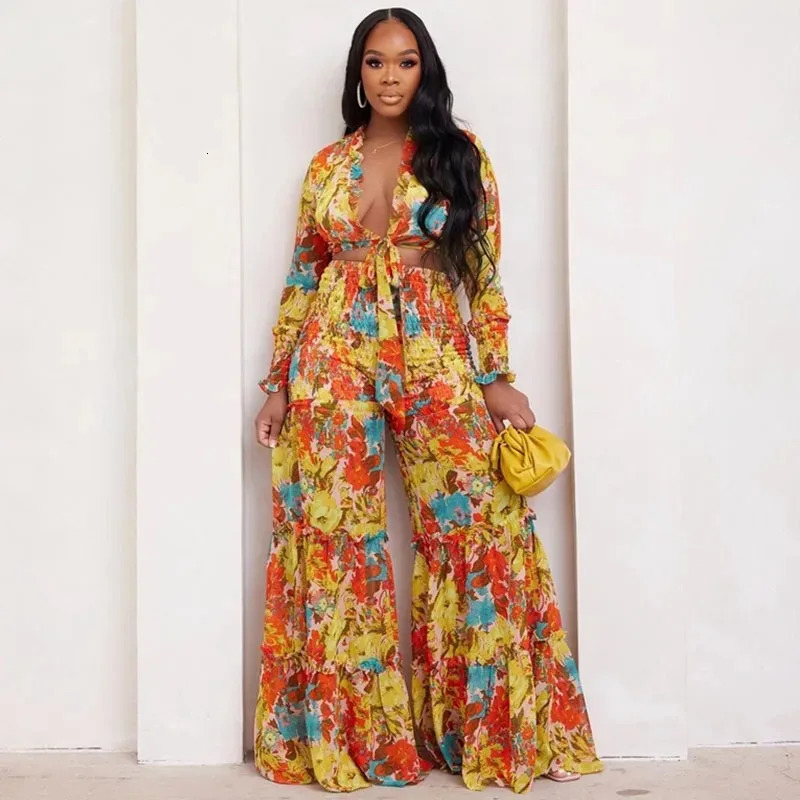 Flower print 2piece set for womens elegant lace top loose wide leg pants holiday Bohemian pairing 250313