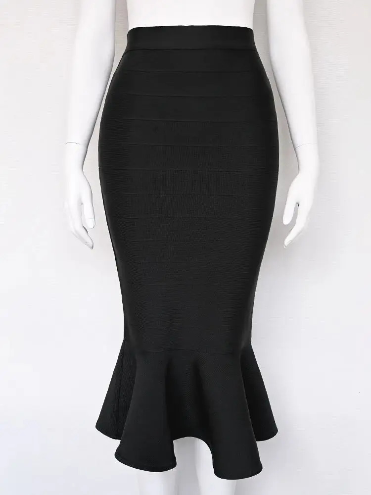 Black Mermaid Long Bandage Evening Skirt Women Elegant Vintage Lady Party Slim Fishtail Arrival Elastic 250310