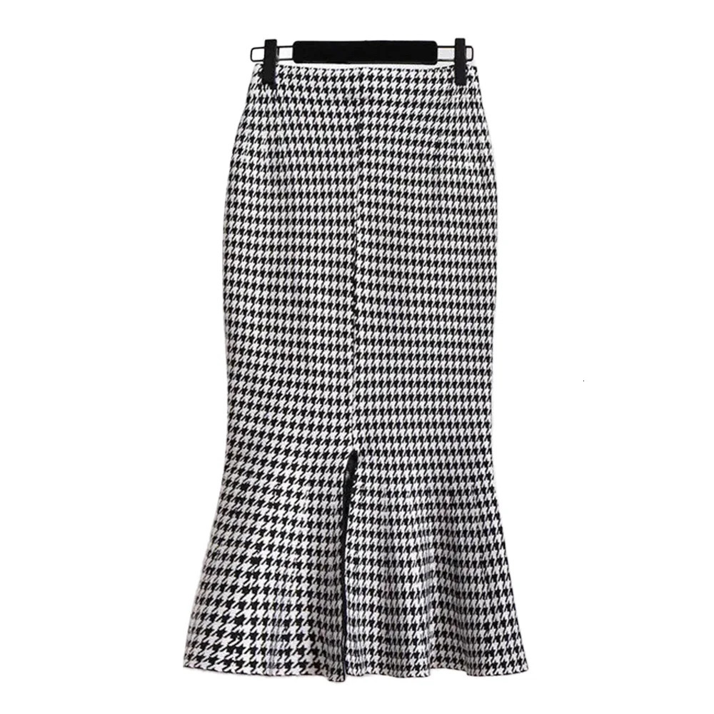 Trumpet Houndstooth Vintage High Waist Buttons Womens Skirt Mermaid MidCalf Long Skirts For Women Clothing Fashion 250310