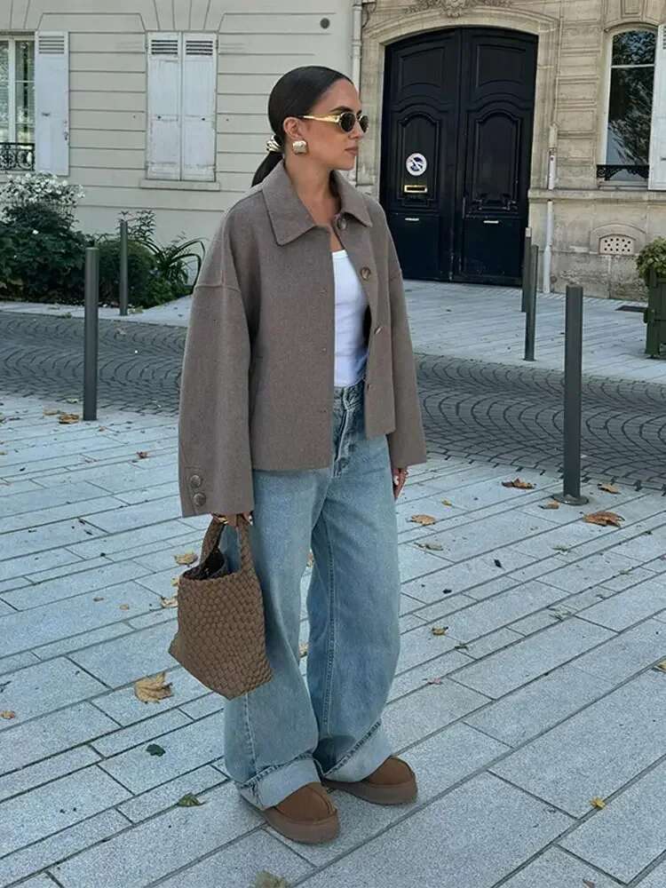 Fashion Solid Woolen Demi-Season Jacket Single Breasted Lapel Long Sleeved Coats High Street Autumn Women Versatile Coat