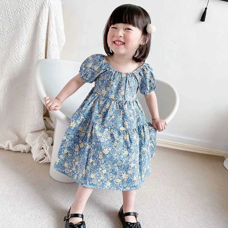 Girl's Dresses Girls' 2023 Summer Dress, Baby Short Sleeve Refreshing Dress, Children's Sweet Floral Dress, Lace up Dress