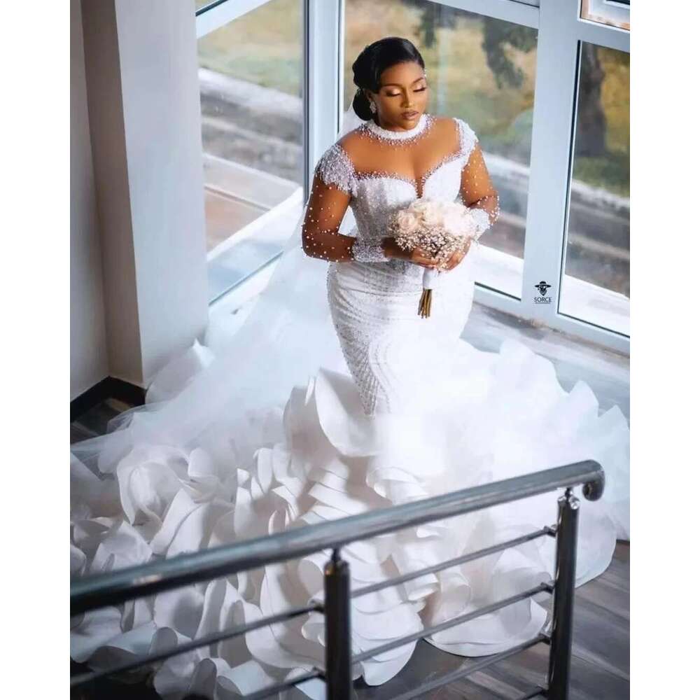 Custom High Neck Appliques Beads Mermaid Wedding Dresses Full Sleeves Cascading Ruffles African Novia Dress