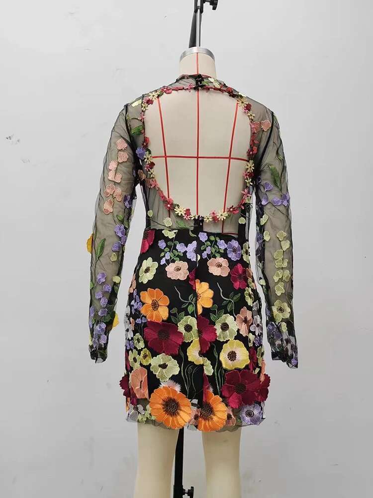 Embroidery Hip-Covering Slimming Gauze Lace Three-Dimensional Wer Slim Dresses Female O-Neck Long Sleeved Mini Dress