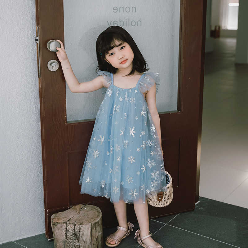 Girl's Dresses 23 Summer New Frozen 2 Elsa Girls Blue Dress Girls Sleeveless Mesh Princess Strap Skirt