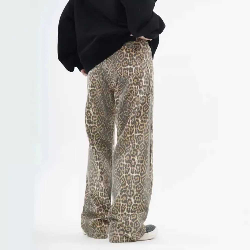 Retro Y2k Leopard Jeans for Men and Women High Street Loose Straight Pants Tide Brand Wide Leg Long PantsT250315
