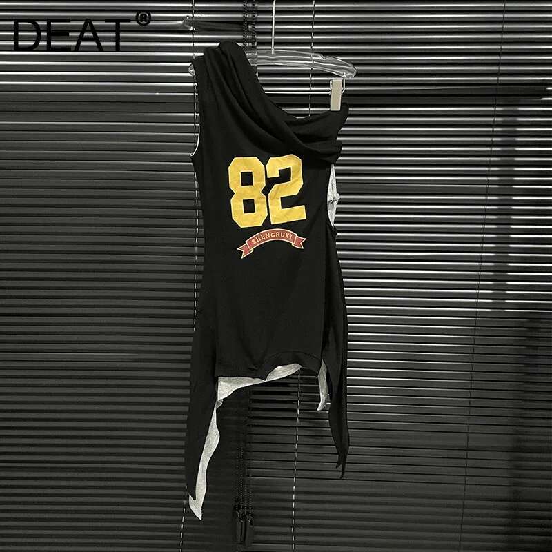 Fashion Women's Printed Diagonal Shoulder T-Shirt Causal Fake Two-Pieces Irregular Tops Female 2024 Autumn New Item 33A1726
