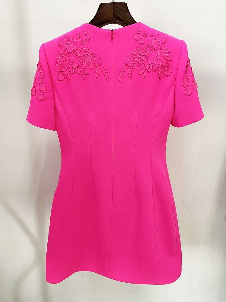 HIGH STREET Newest 2024 Designer Fashion Runway Women's Short Sleeve Stunning Embroidery Beaded Dress Hot Pink