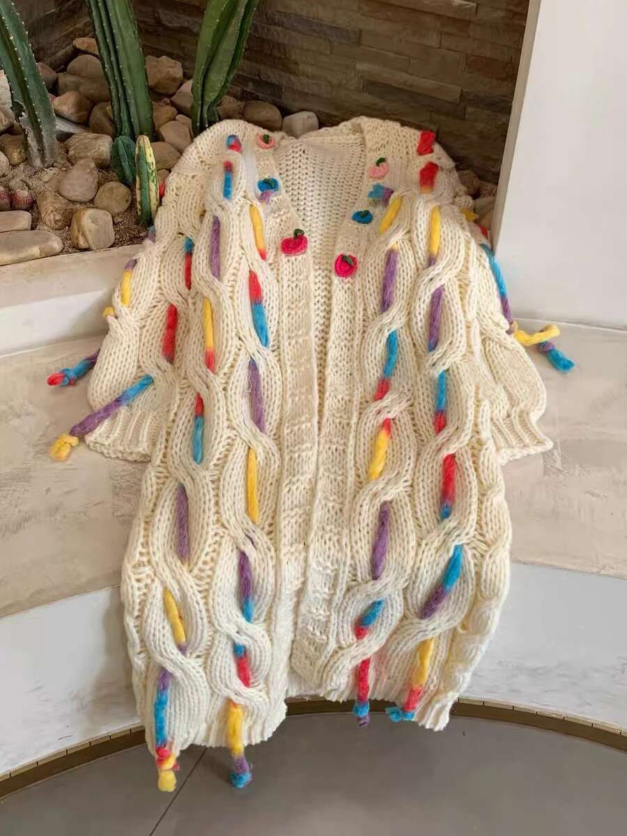 2025 Spring Fall Sweet Handmade Coarse Wool Knitted Long Cardigan 90S Y2k Tassel Embroidered Coat Women's Winter Knitwear C-231