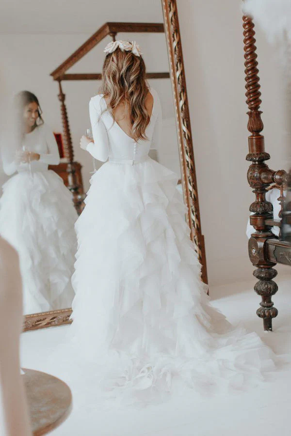 Ruffled A-Line White Wedding Dresses Backless Long Sleeves Boho Bridal Gown Simple A-Line Tiers Tulle Bride Dress Custom Made