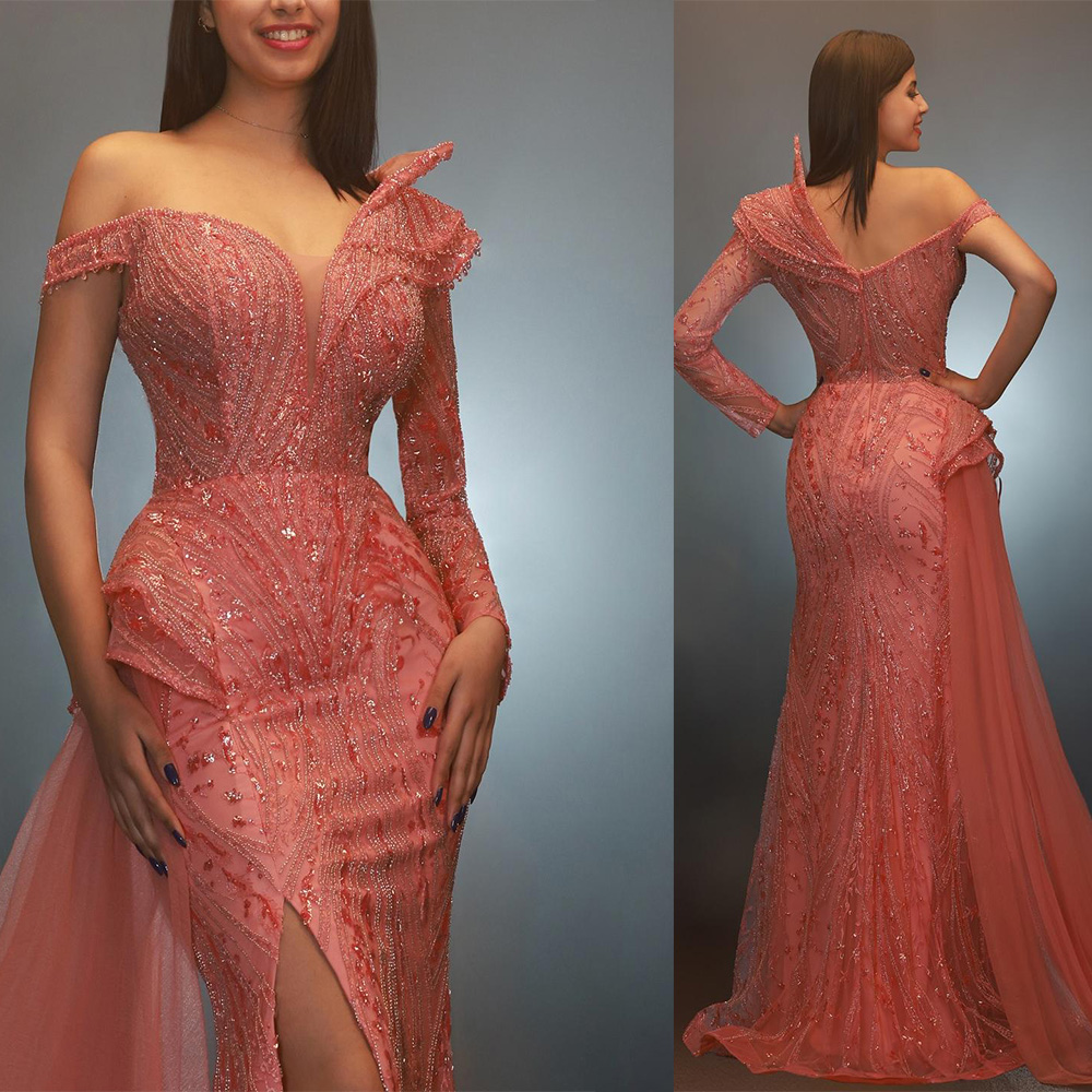Sparkly Evening Dresses Sequins Prom Gowns Beading One Shoulder Customized Side Split Princess Sweep Train Formal Occasion Party Dress Vestidos De Noc