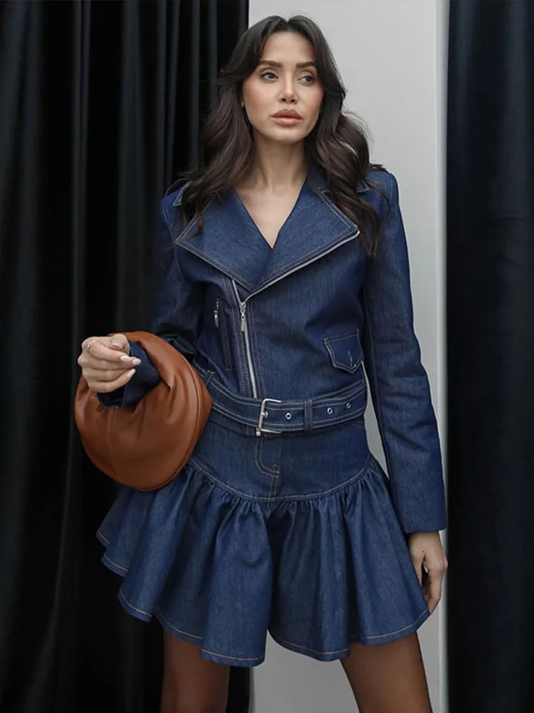 Retro denim zipper jacket mini ski set womens classic lapel short pleated high waisted fashion street 250312