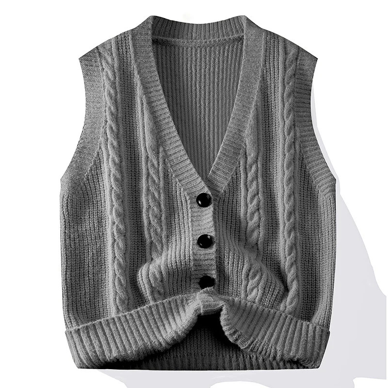 V-neck knitted vest mens autumn warm casual sweater cardigan wool sweater lazy college style vest mens cardigan wool sweater 250310