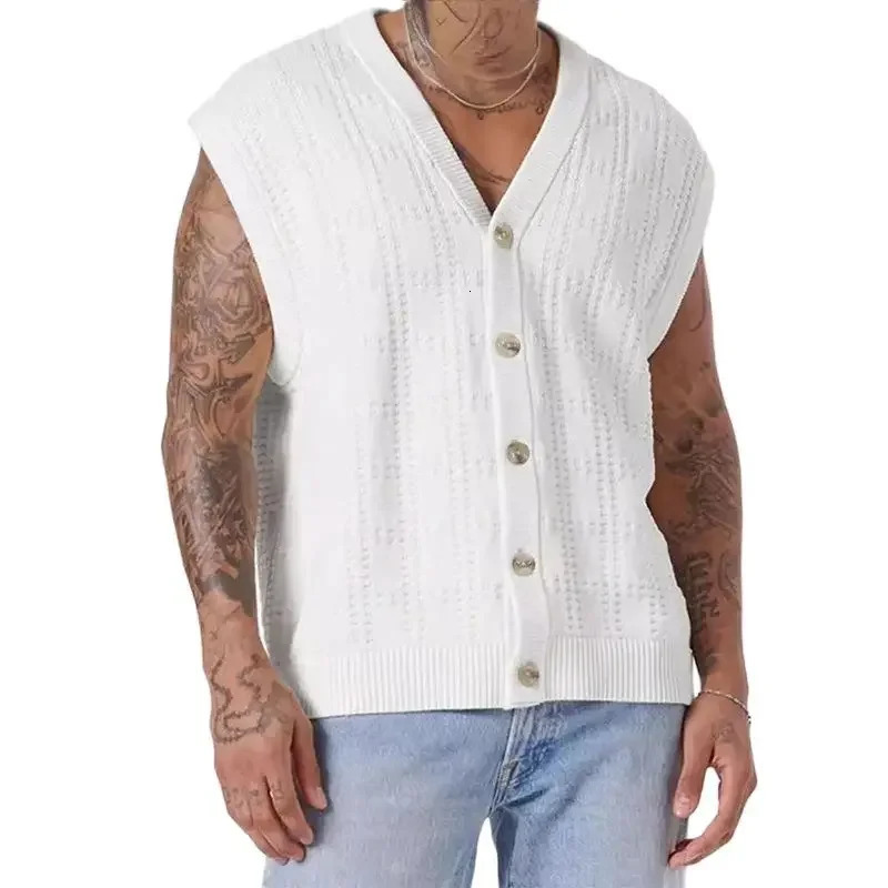 Fashion Hollow Out Mens Knitting Tank Tops Summer Trendy Loose Sleeveless Button V Neck Vest Men Cardigans Streetwear Camisoles 250310