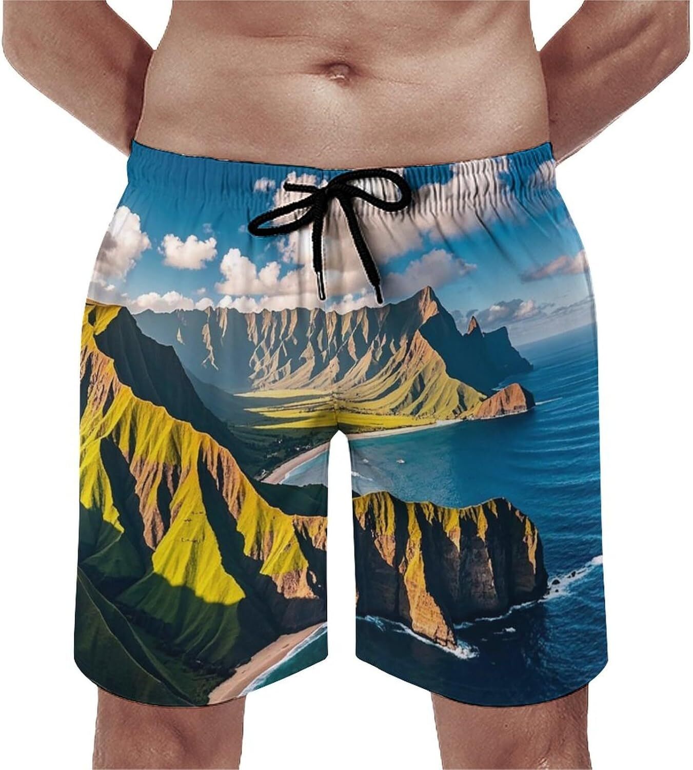 Mens Swim Trunks with Seaside Mountain Skyline Beach Shorts Quick Dry Drawstring Board Shorts with Pocket