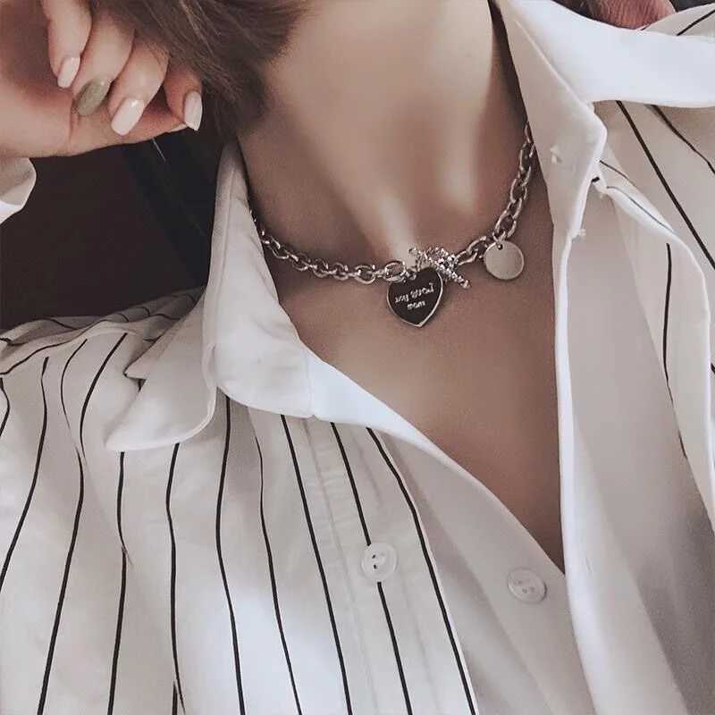 Other Heart Necklace Collar For Women Punk Stainless Steel Chain Hip Hop Fashion Simple Letter Chokers Statement Goth Jewelry S25315