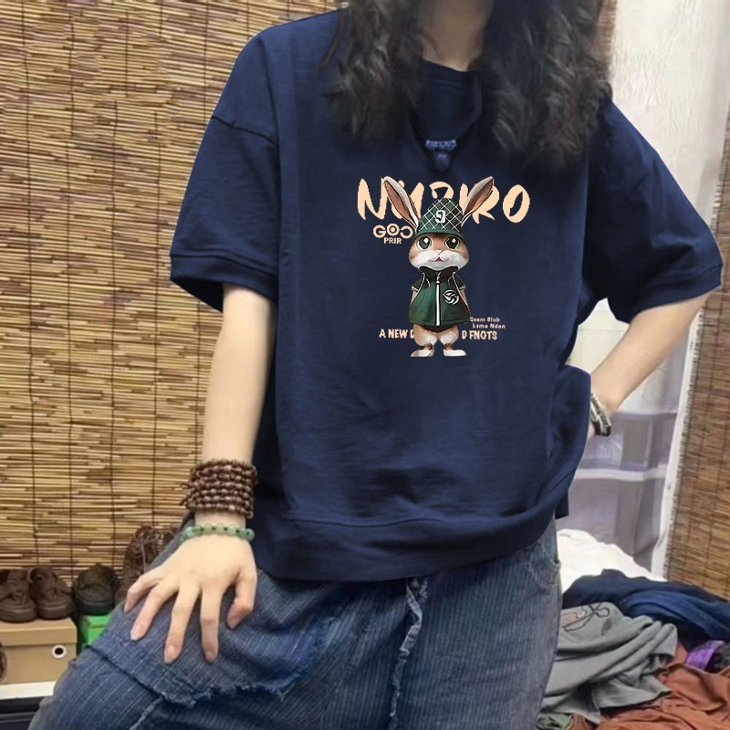 Navy Blue Shoulder Short For Women's Summer 2025 New European Style Large Edition Loose Half Sleeved T-Shirt Top
