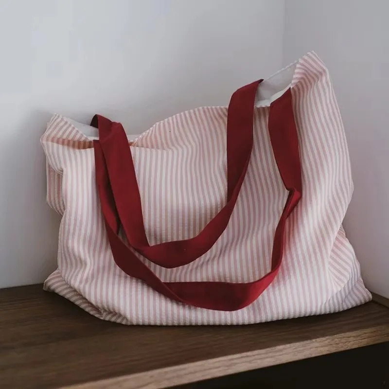 Practical Large-capacity Canvas Bag Double-layer Fashion Handbag Simple Striped Shoulder Bag Foldable Travel Tote Bags 250311