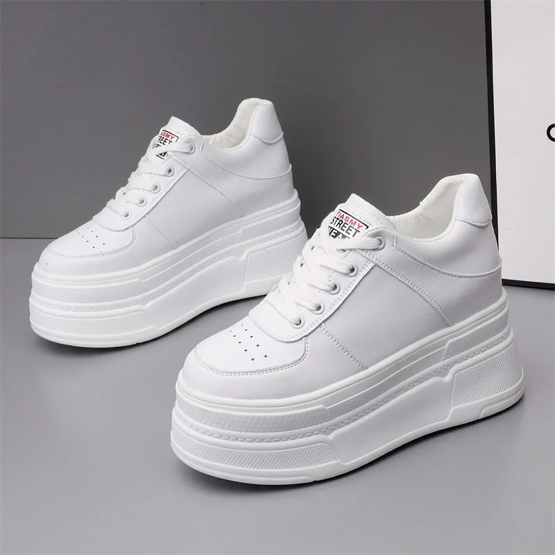 Womens sports shoes Spring Fashion 10CM highly enhanced leather casual shoes white wedge platform shoes Tenis De Mujer 250310