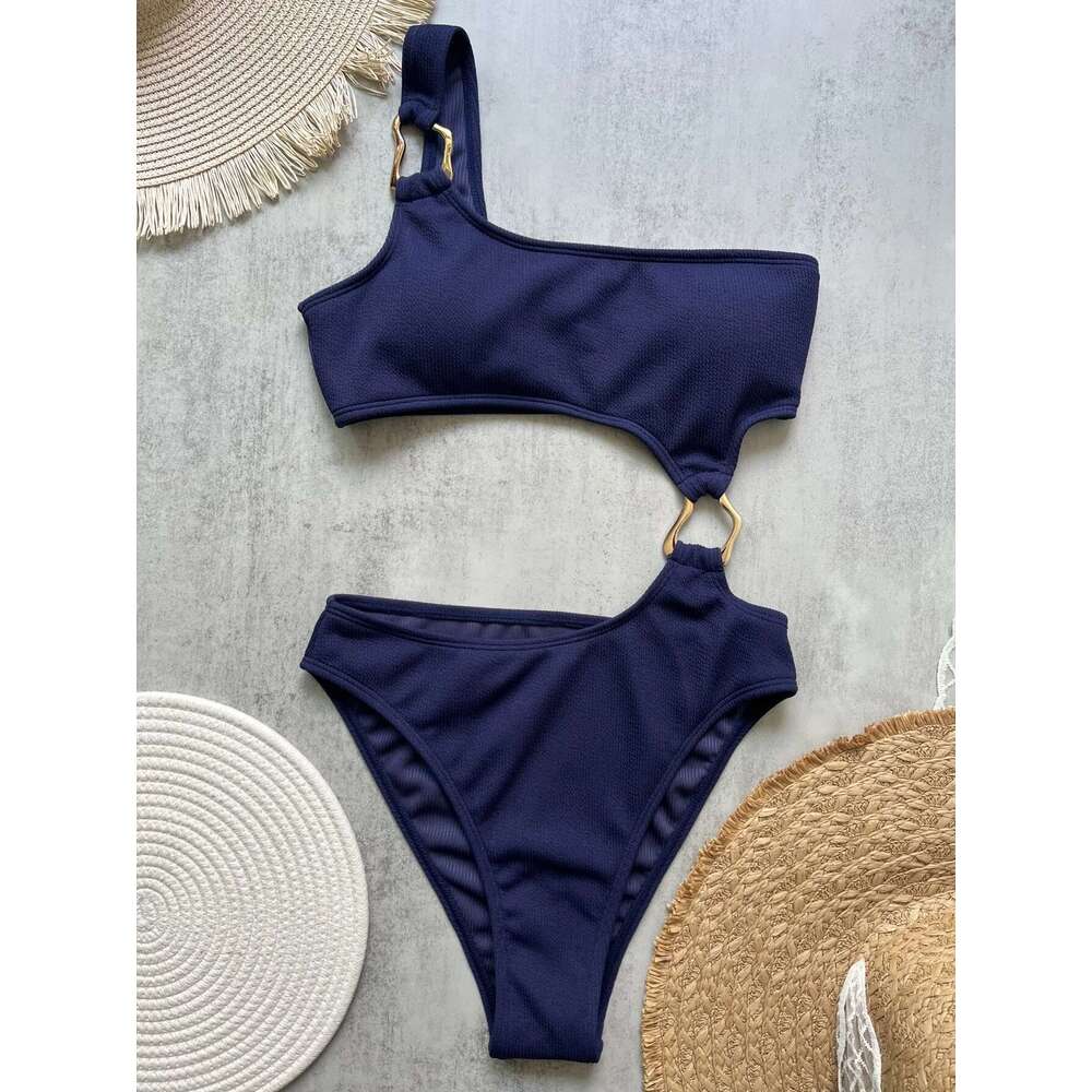 Women's one-piece swimsuit with cutting ring on the front, high waist, shameless, monokini, asymmetrical off shoulder, ribbed design