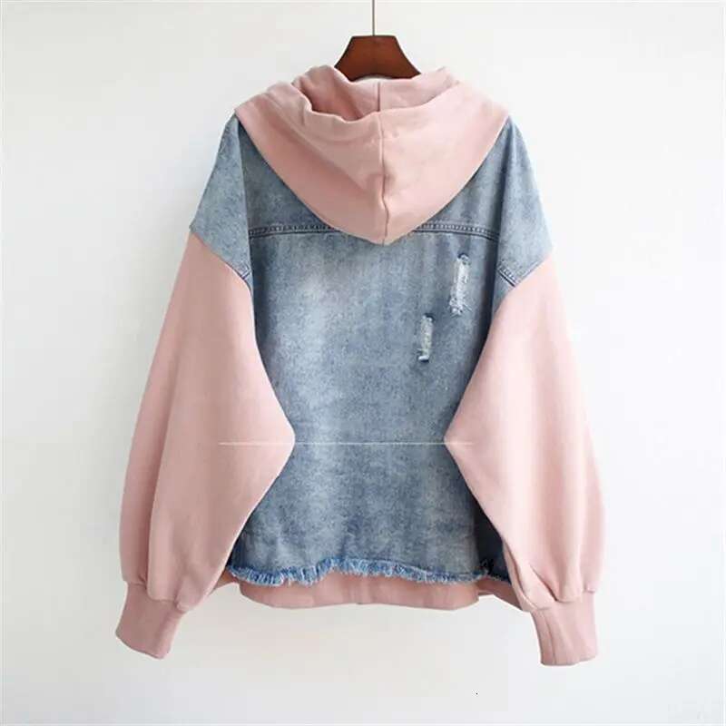 Fake Two-Piece Denim Hoodies Coat Women Spring Autumn Trend Cardigan Hoodie Casual Loose Hooded Baseball Jacket Streetwear Woman