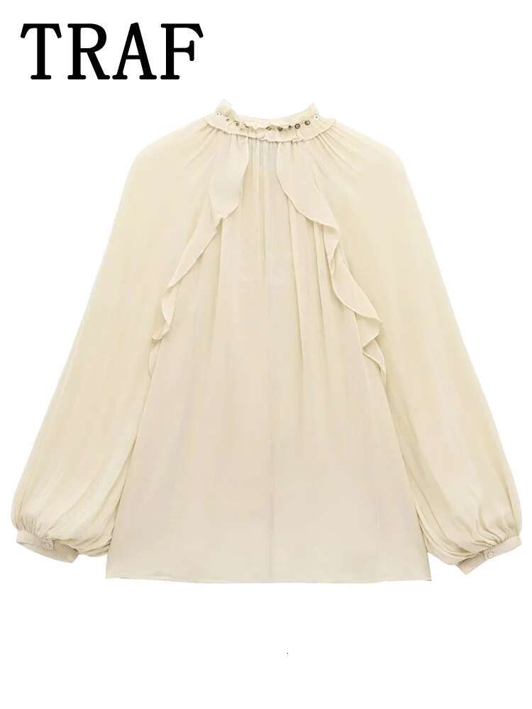 TRAF Ruffles Elegant For Women 2024 New Fashion Pleated Blouse Long Sleeve Translucent Sexy Shirts And Blouses Woman Top