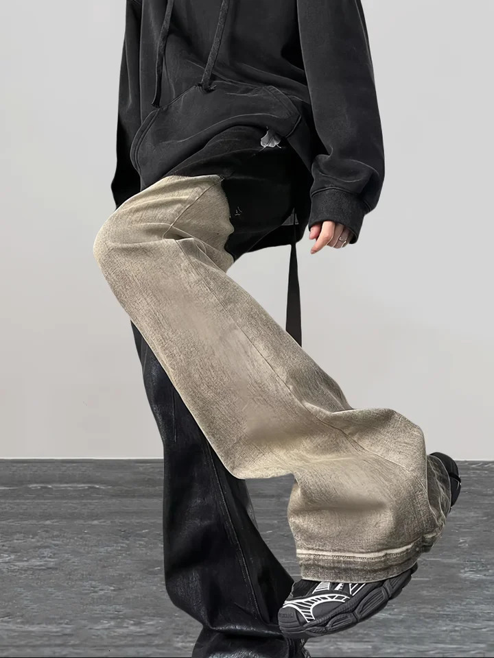 Y2K Fashion Coating waxing Patchwork Old Baggy Flare Jeans Pants Men 90s Clothes Vintage Long Trousers Mens Pants 250310