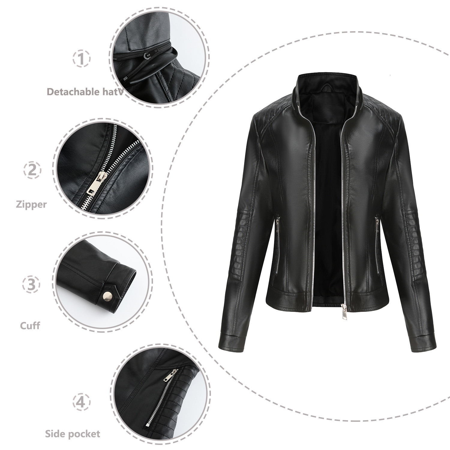 Fashion Womens Spring and Autumn Hooded Leather Coat Womens Detachable Hat Windproof Coat Short European Casual Jacket