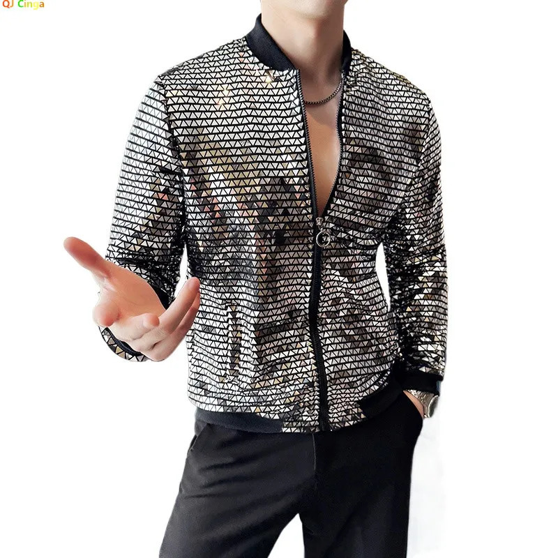 Nightclub style mens fashionable sun protection jacket thin silver sequin stage coat Asian size M5XL 250313