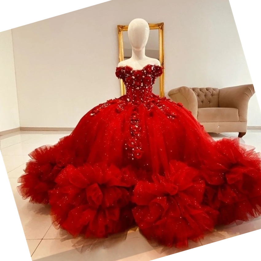 Exquisite Red Flower Girl Dress For Wedding Ruffles Floral Applique Pearls Crystal Beaded Princess Birthday Party Graduation Dress Christmas Christeni