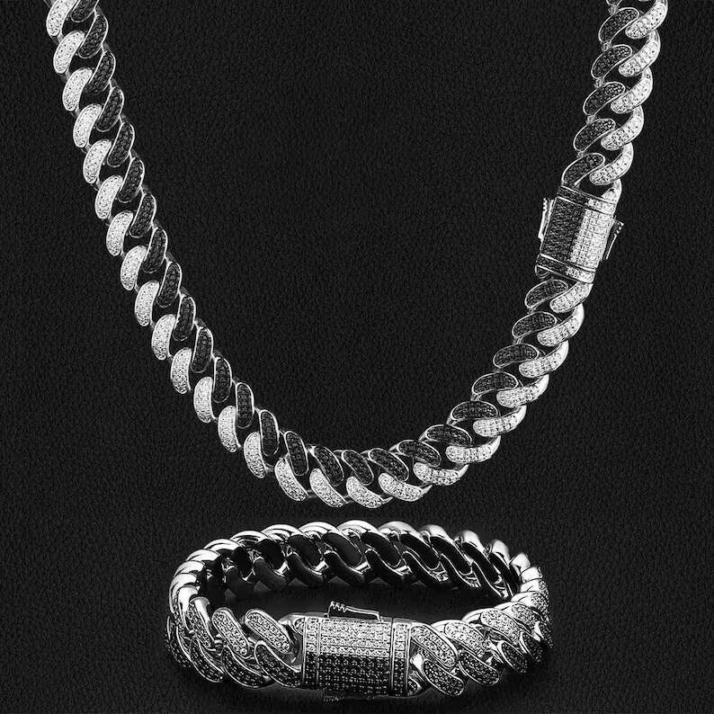 VVS Moissanite Hiphop Iced Out 12MM Sterg Sier Black and White Custom Cuban Chain