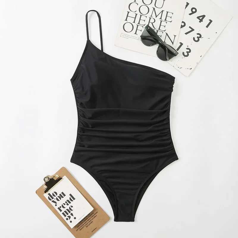 2024 Sexy One Shoulder One Piece Swimsuit 2022 Women Solid Black Neon Green Push Up Padded Bathing Suit Pate Swimwear MonokiniXJ250315