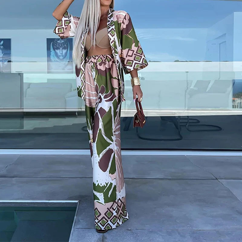 Fashion Casual Bohemia Print Loose Beach Set Spring Wide Leg Long Pants Suits Autumn Women QuarterSleeved Cardigan Shirt Outfit 250313