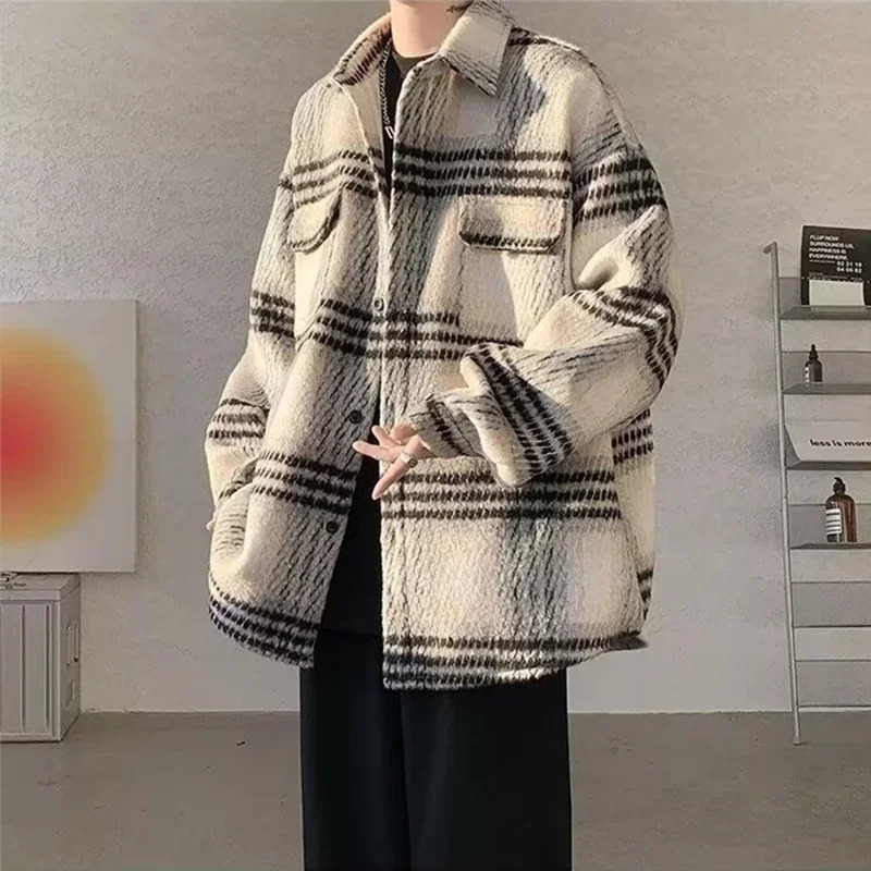 Spring Mens Singlebreasted Plaid Woolen Jackets Korean Fashion Y2K Vintage Coats Pockets Streetwear Shirts Jacket 250312