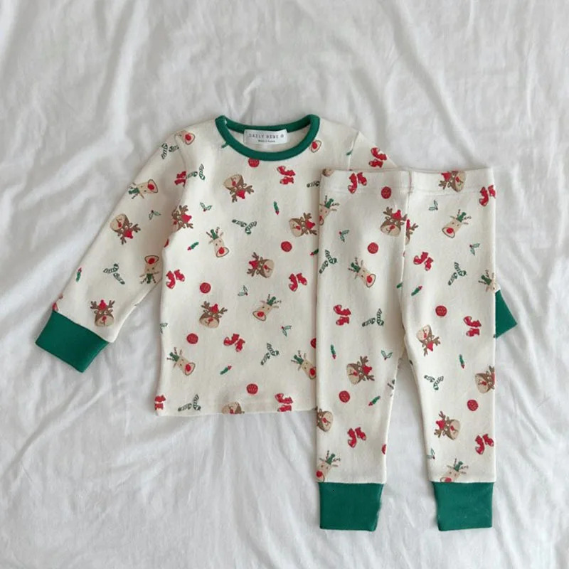 Spring Baby Clothing Christmas Pajamas Baby Deer Printed Bottom Shirt Pants 2PCS Set Preschool Year Pajamas Set 250314