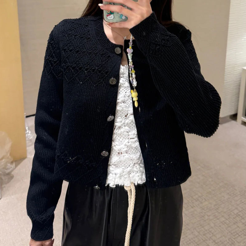 Women's Knit Hollow Out Cardigan Classic O Neck Single-Breasted Long Sleeve Cotton Blend 2Colors Stylish Soft Early Spring Luxury High-Quality De