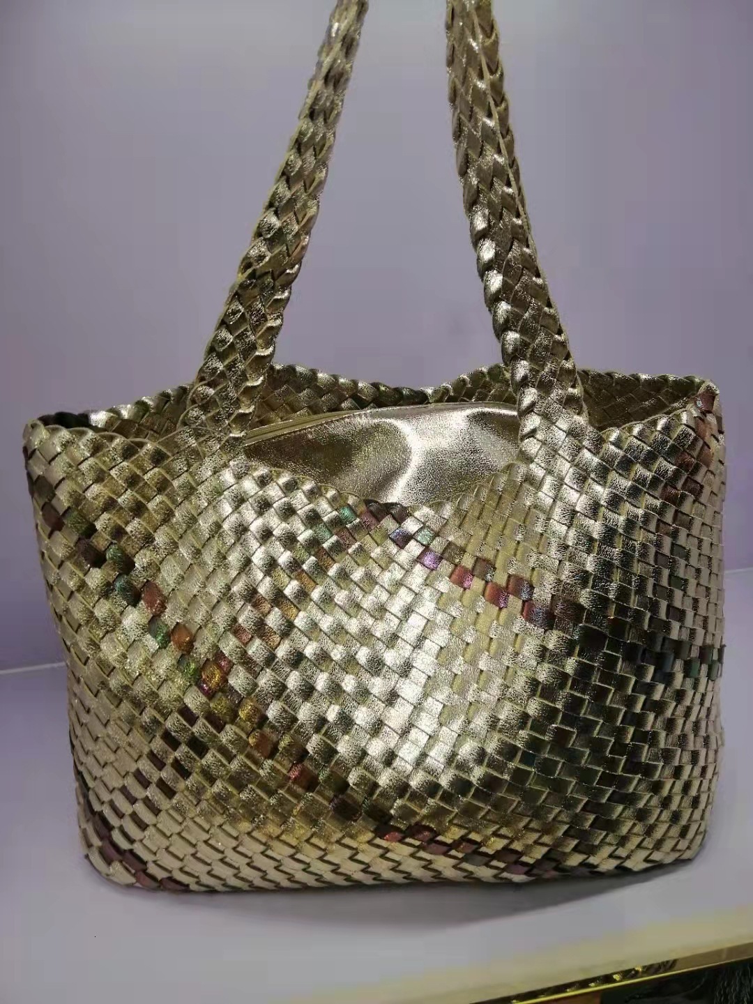 Woven Snake Pattern, Color Blocking, Handmade Woven Handbag, Single Shoulder Mother Beach Tote Bag, Shopping Bag
