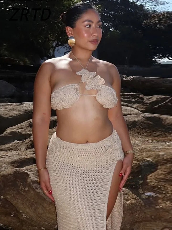 Sexy Knitted Beach Skiing Set 3Piece Womens Strap 3D Flower Bikini Tank Top Hollow Split Spring Wear 250312