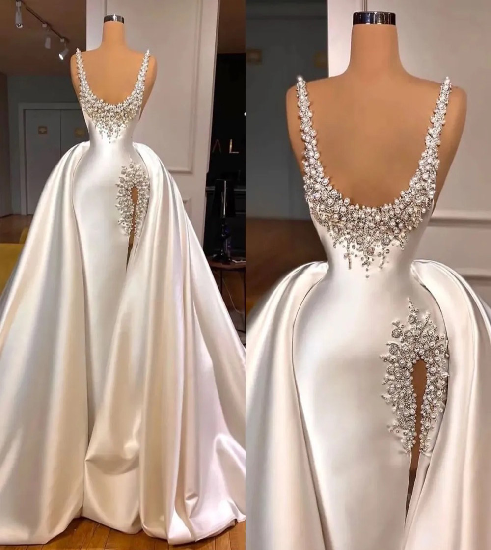 Prom Gown White Evening Dresses Party Mermaid Sleeveless Satin Plus Size Zipper Lace Up New Custom Beaded Pearls Scoop Detachable Train Thigh-High Sli