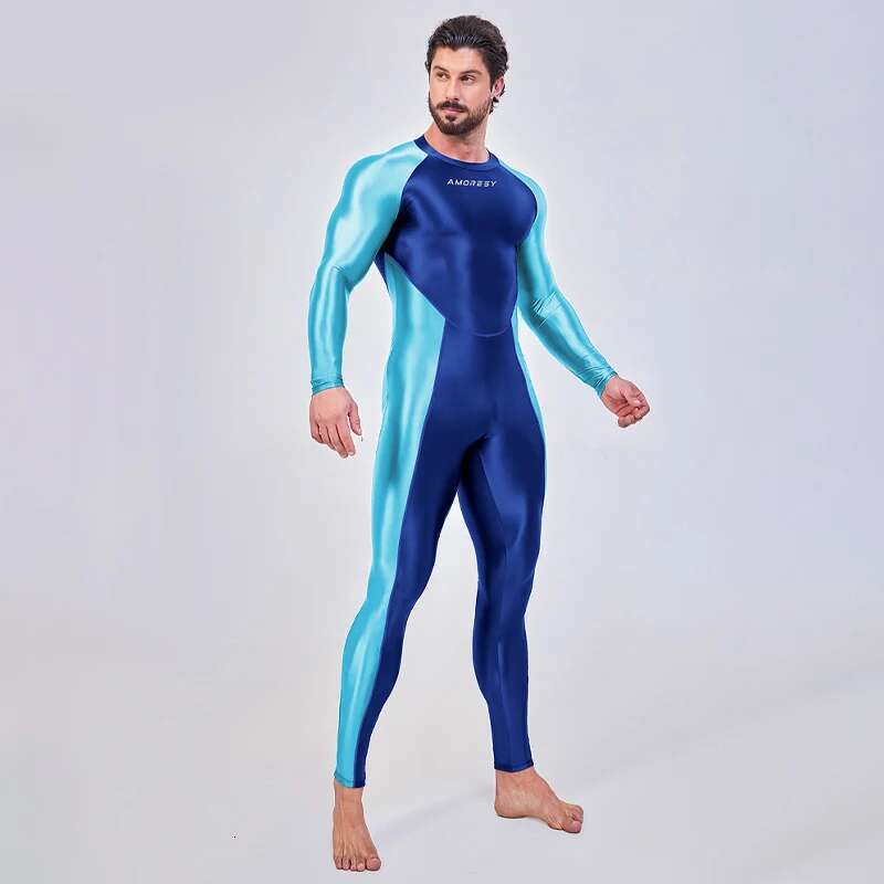 Amoresy - Smooth running suit, color blocks, long sleeves, men's one-piece sports jumpsuit, full length, shiny jumpsuit XCKNY