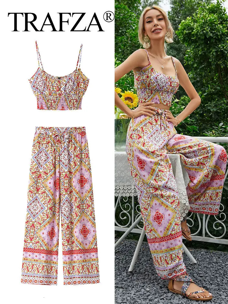TRAFZA Womens Retro Geometric Print Set Sleeveless Sling Elastic Bottom TopHigh Waist Lace Wide Leg Spring Ethnic Style 250313