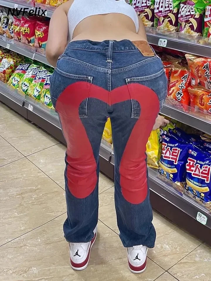Jeans Women Gothic Y2K Retro Streetwear Black Cargo Punk Vintage Kpop Print Wide Leg Denim Panrts Female Autumn Trousers Pants 250314